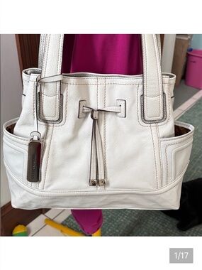 Tignanello  shoulder bag  leather white/tan stitching  some trim silver metallic